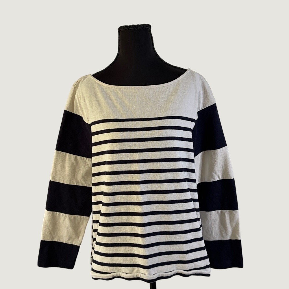 Banana Republic Womens XL Navy Blue Cream Striped Boat Neck Cotton‎ Top RN 54023